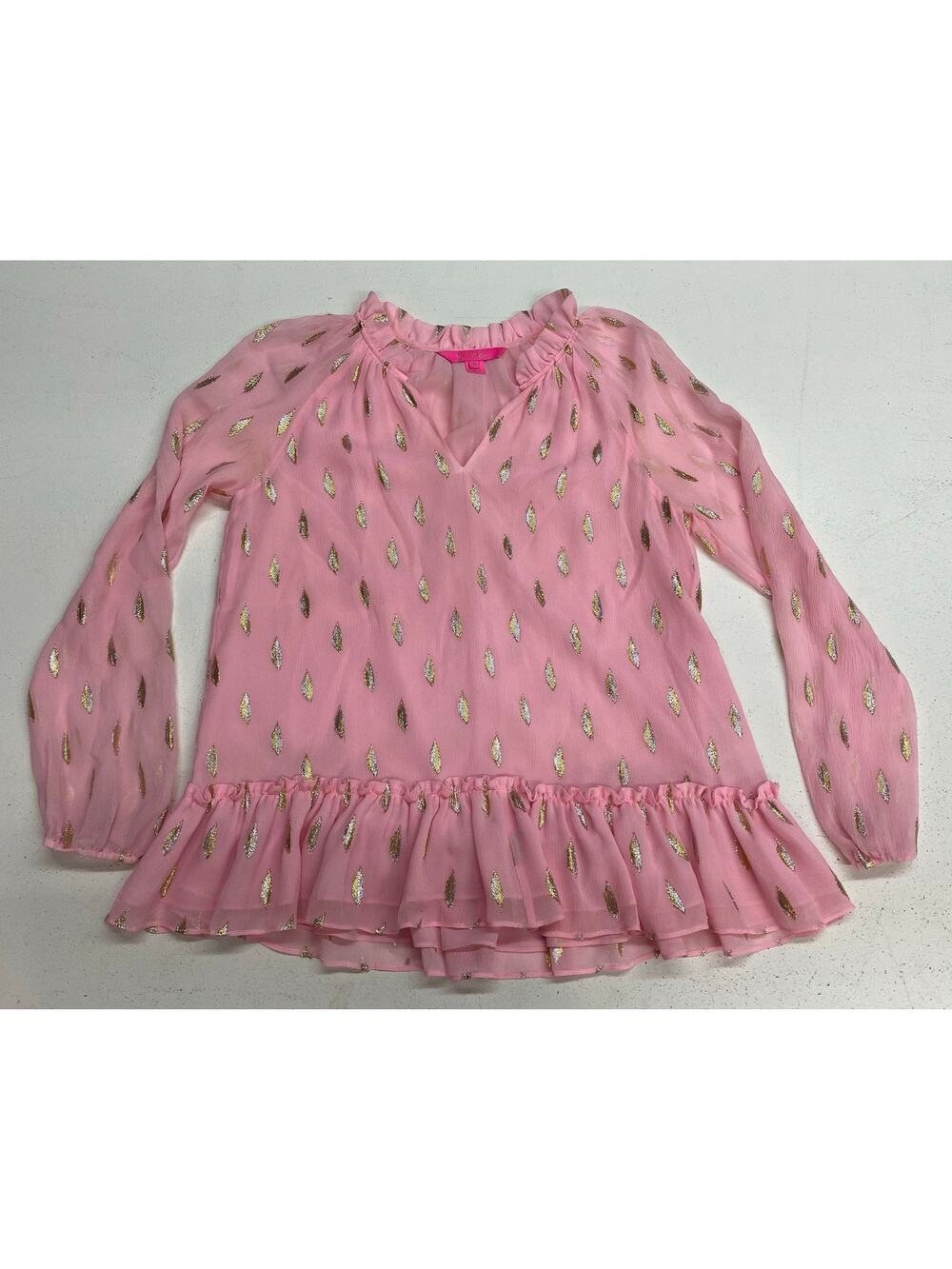 Women Lilly Pulitzer Tensley silk metallic gold flowy lined blouse top shirt XS